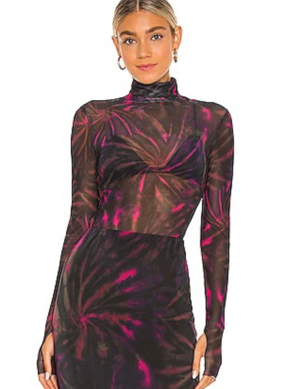 AFRM | Zadie Mesh Turtleneck Top Pink Spiral Black Tie Dye Sheer Y2K | XS
